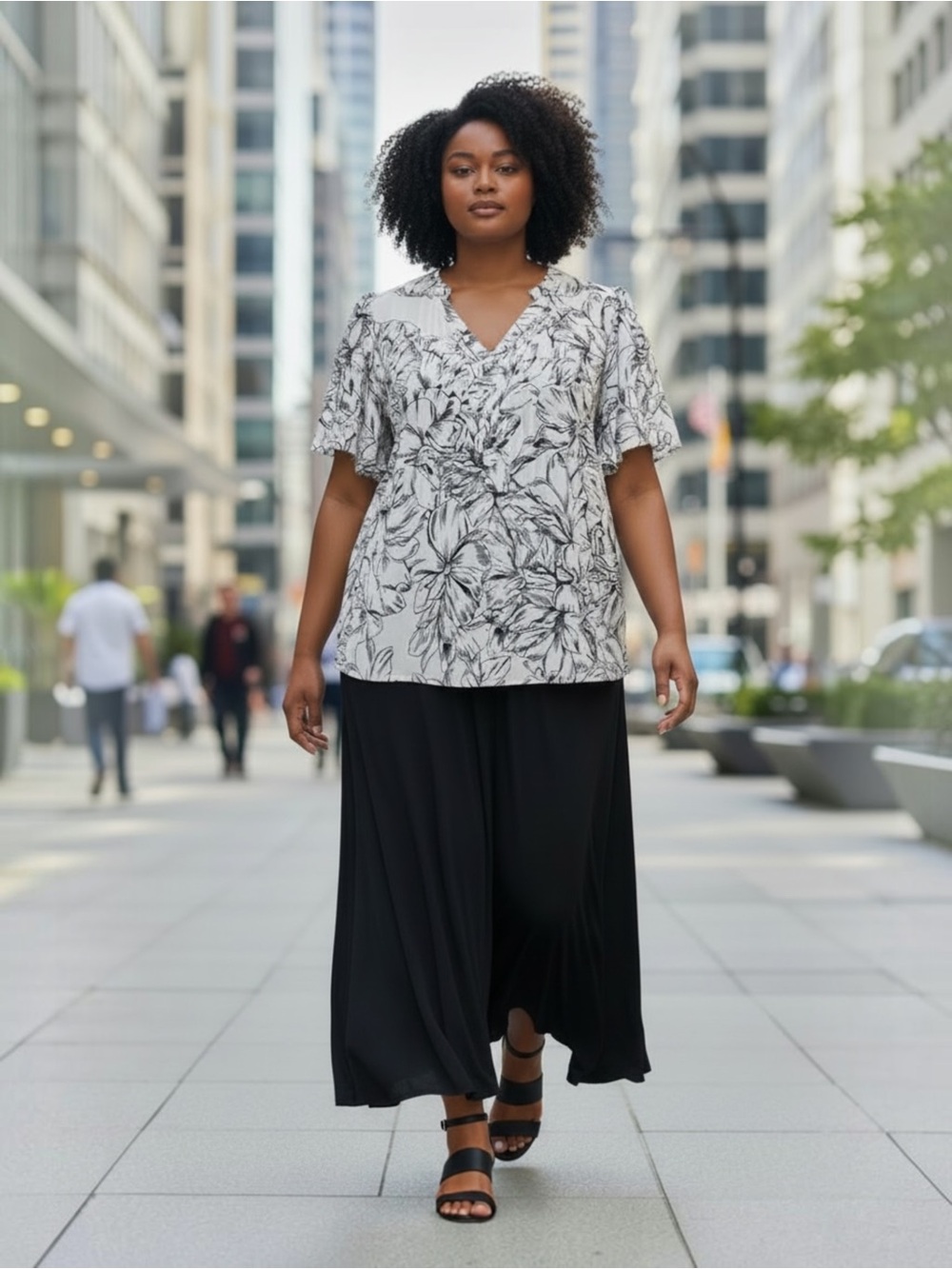 Rose & Olive Black and White Floral Shirt with Front Pleats and Bell Sleeves